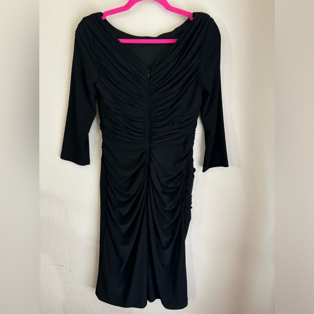 Adrianna Papell Occasions Black Beaded Ruched Bodycon Midi Cocktail Dress 8 - Picture 2 of 9